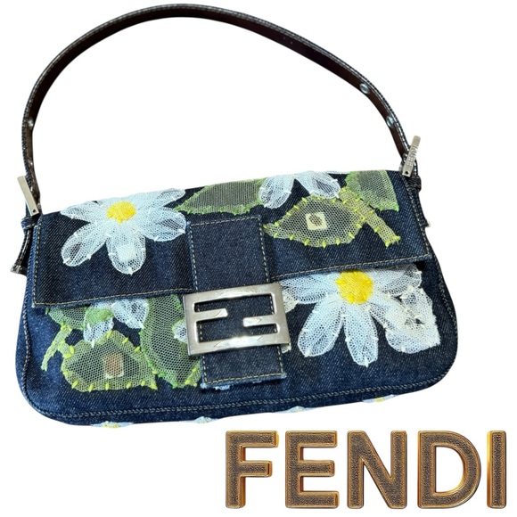 Vintage Fendi Daisy Embroidered Denim Baguette Flower Mesh Appliqué Y2K Bag - Picture 1 of 16
